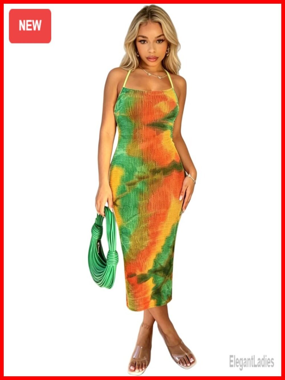 Tie Dye Spaghetti Strap Bodycon Midi Dress Backless Ruched Summer Party Dress